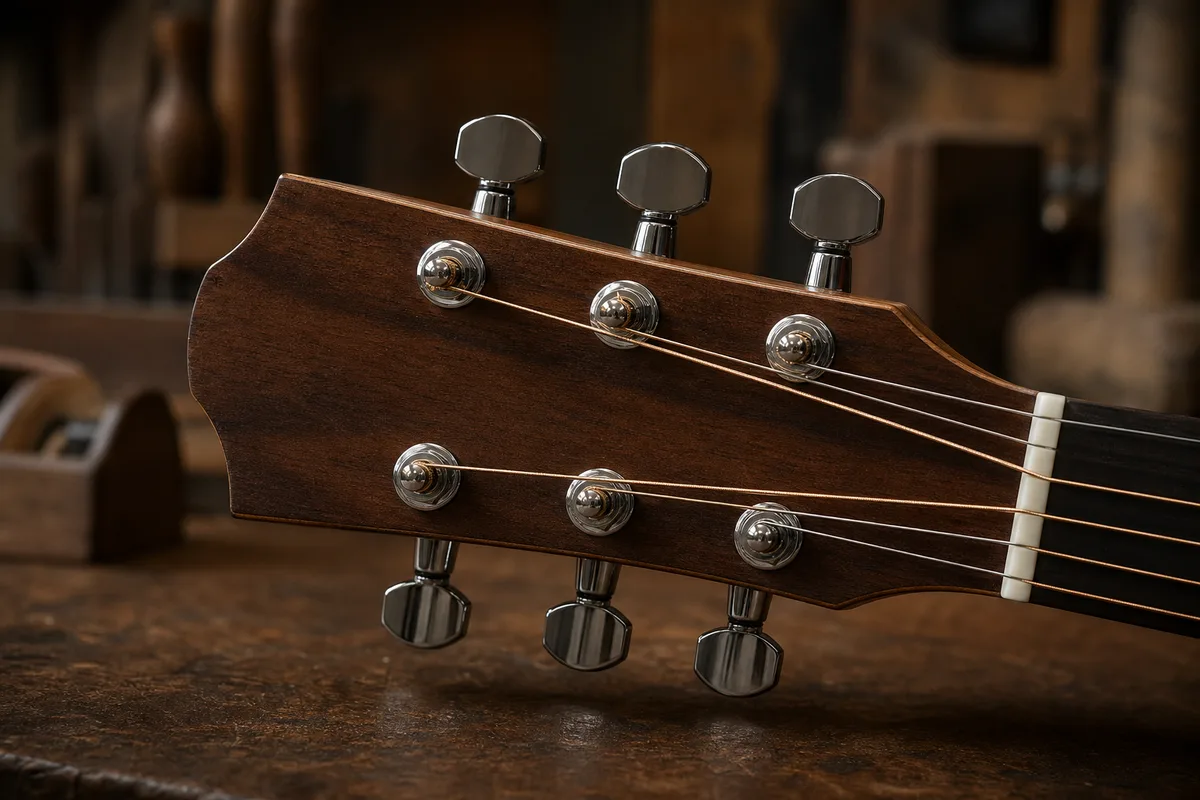 Détail des six mécaniques chromées sur la tête d&rsquo;une guitare acoustique