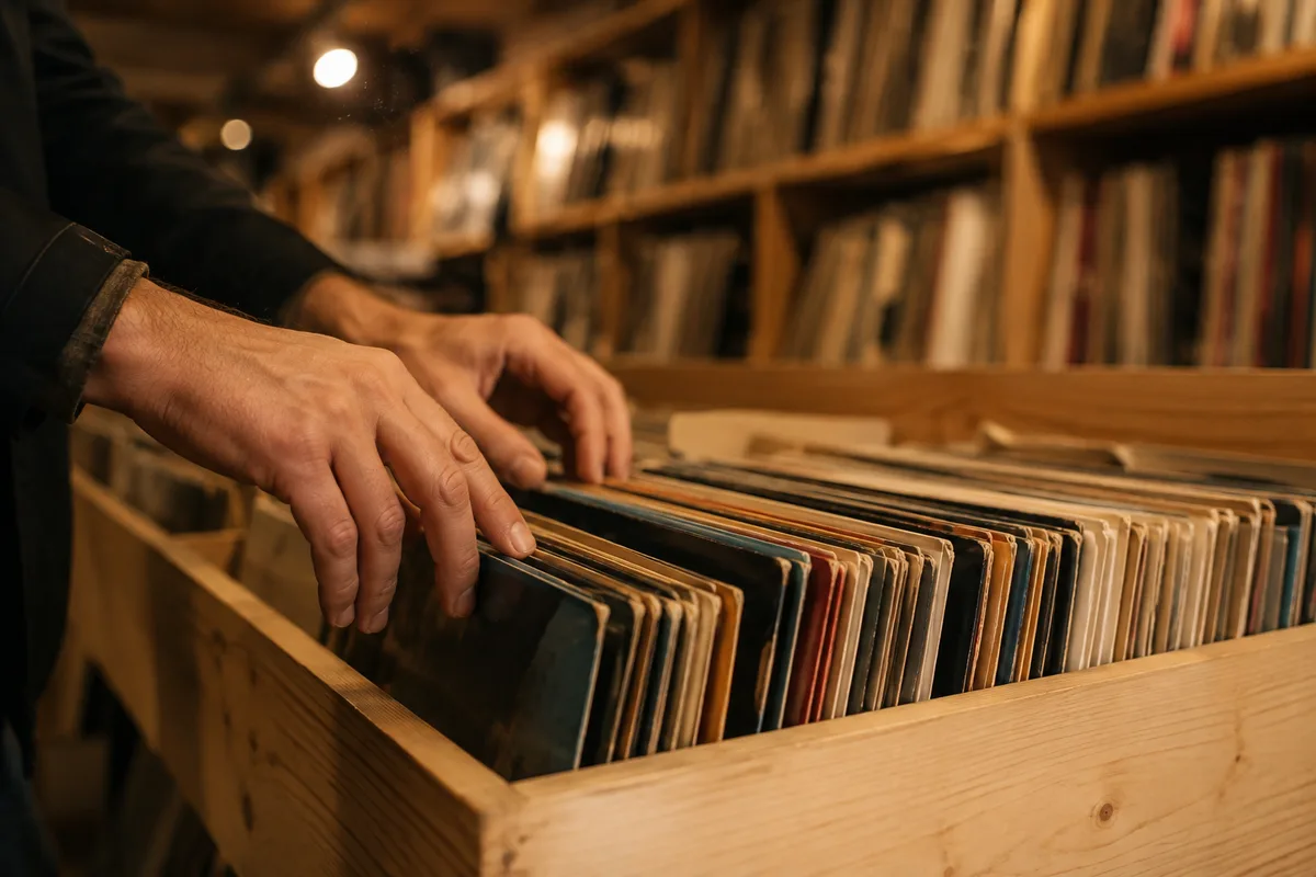 Mains feuilletant des disques vinyles dans les bacs d&rsquo;une boutique indépendante