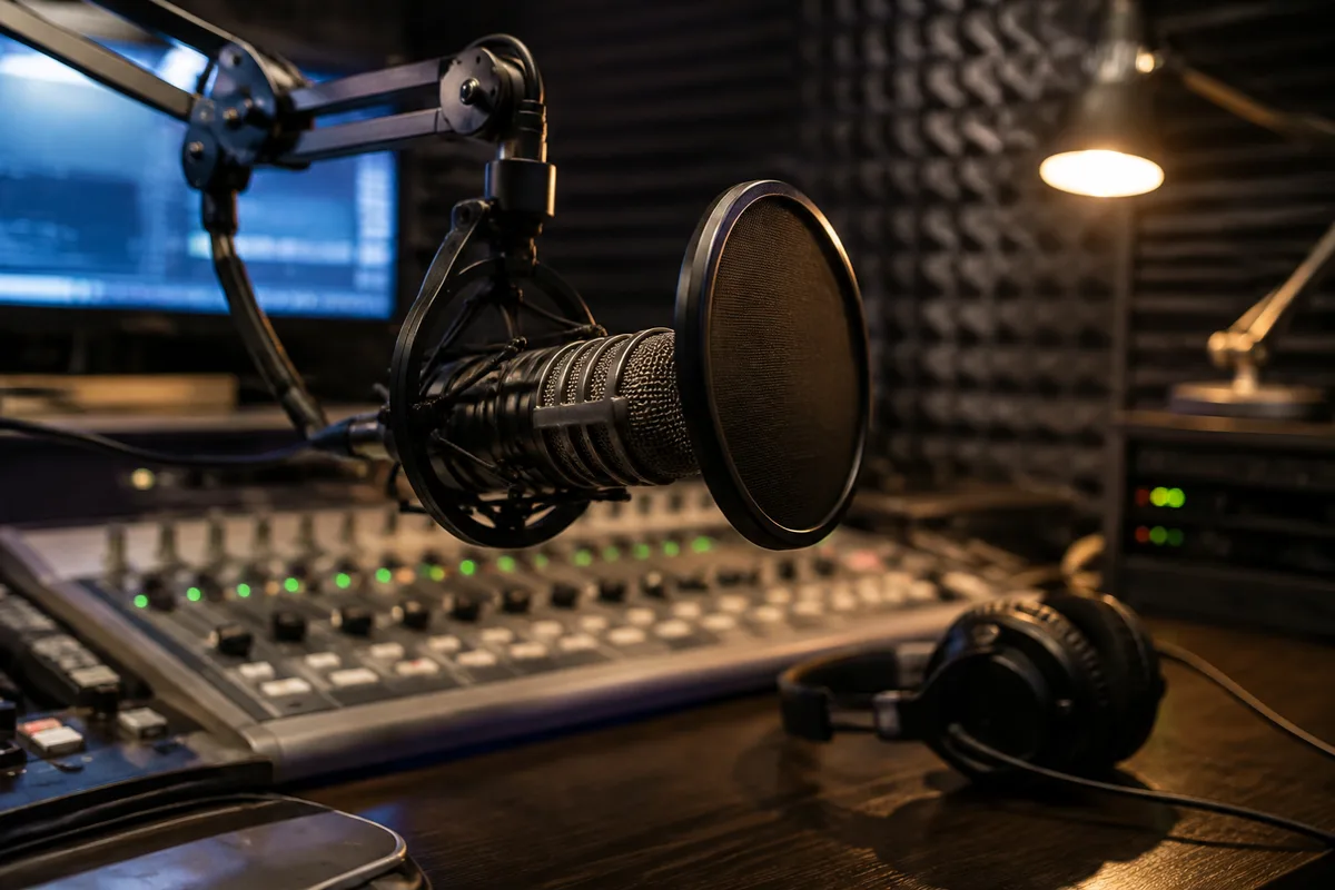 Micro de studio et console de mixage dans un studio de radio musicale