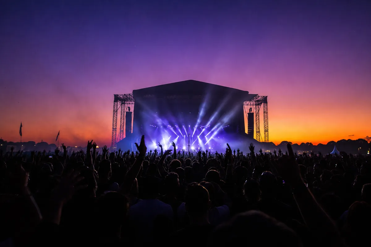 Public de dos en contre-jour devant une scène de festival au crépuscule
