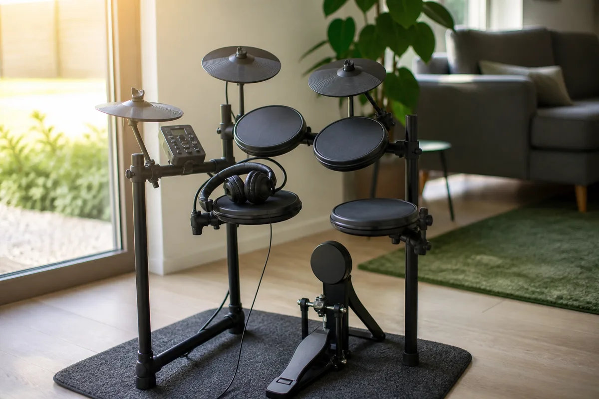 Batterie électronique installée dans un coin de salon avec casque audio posé sur la caisse claire