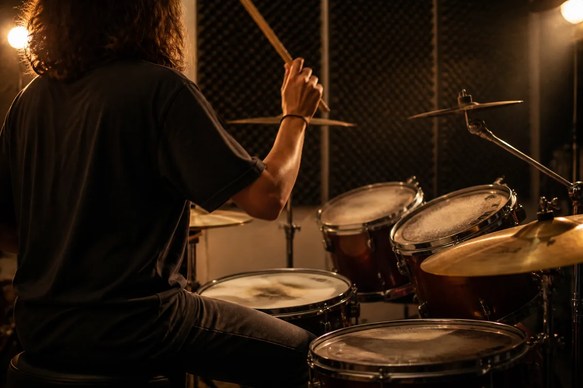 Batteur assis derrière un kit acoustique en studio de répétition, vue de trois quarts arrière, lumière tamisée
