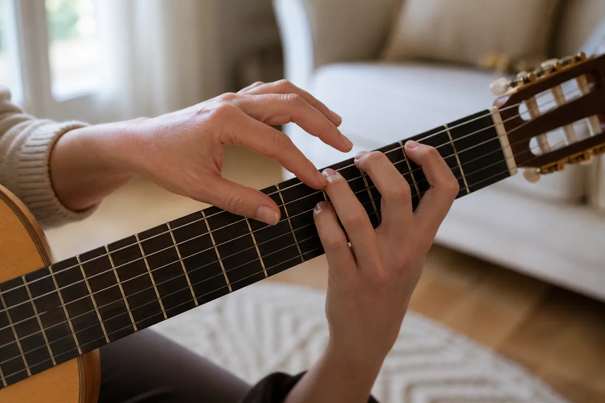 Mains d’une professeure de guitare guidant celles d’un élève pendant un cours à domicile
