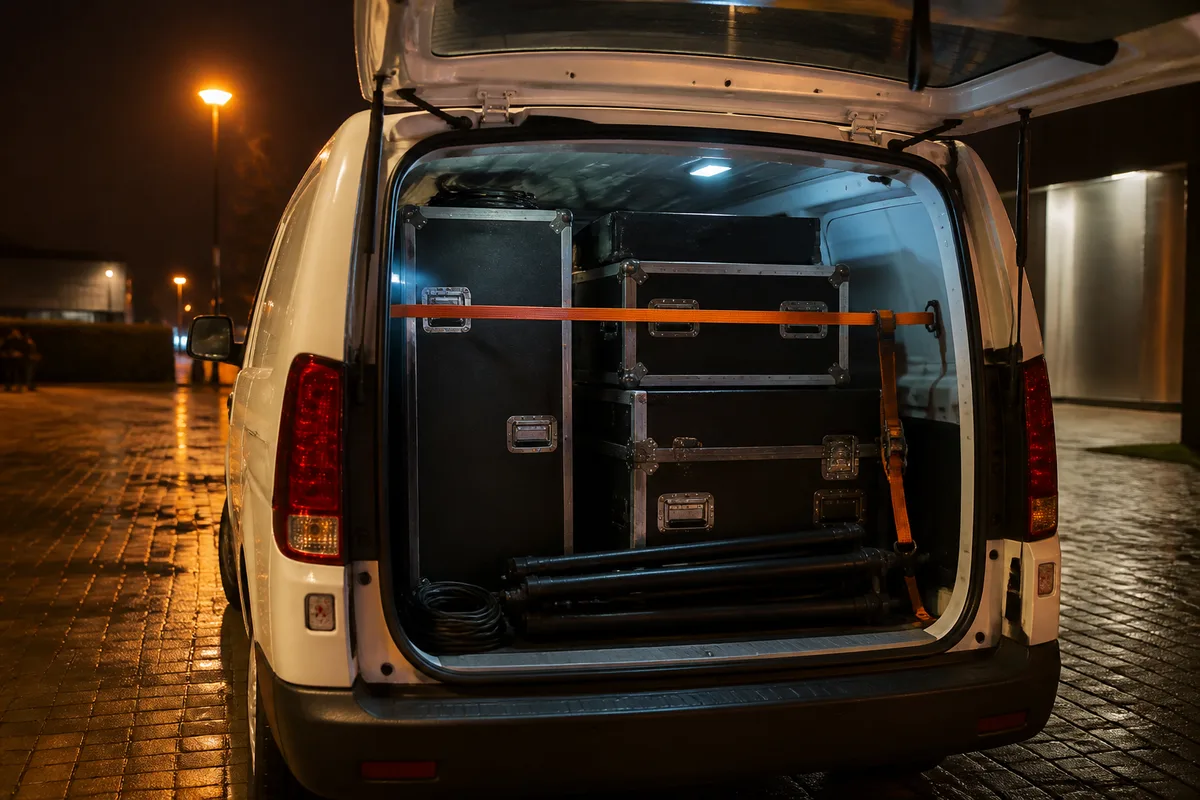 Caisses de transport et câbles rangés à l’arrière d’un fourgon utilitaire après un concert