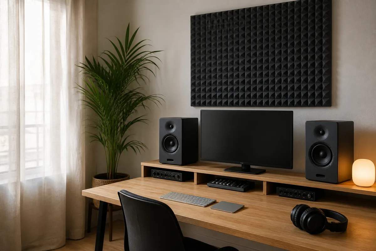 Home studio installé dans une pièce d’habitation avec enceintes de monitoring et panneau acoustique