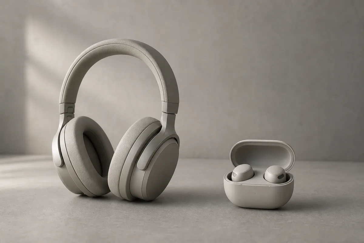 Un casque circum-auriculaire et une paire d’écouteurs true wireless dans leur boîtier, posés côte à côte sur un bureau