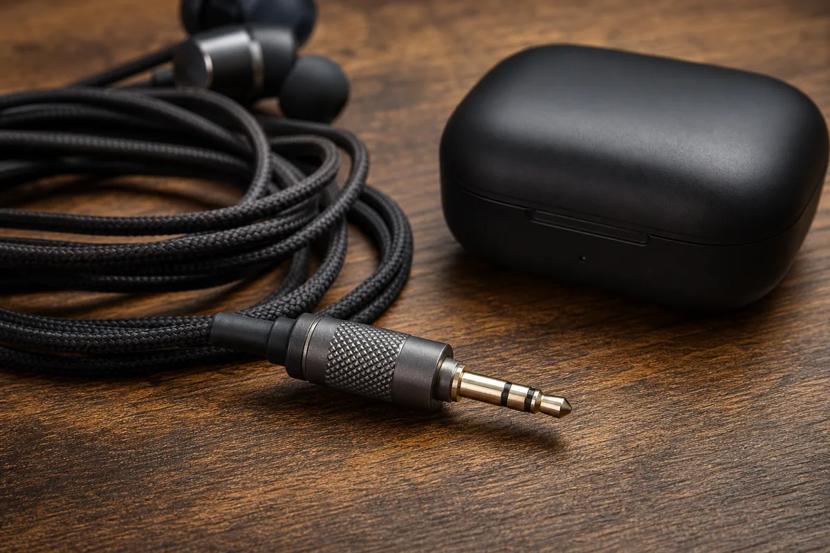 Gros plan sur un câble jack de casque audio et un boîtier d’écouteurs sans fil posés sur une surface en bois