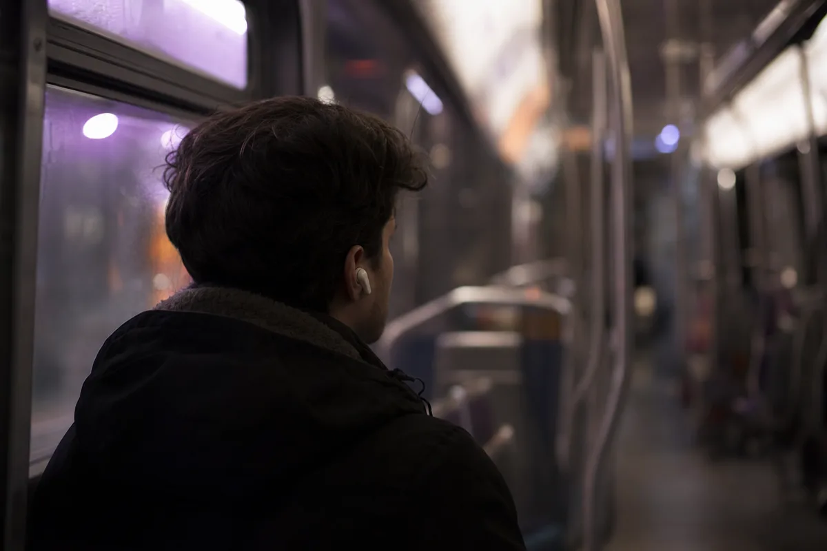 Voyageur discret portant des écouteurs true wireless dans une rame de transport en commun baignée de lumière tamisée