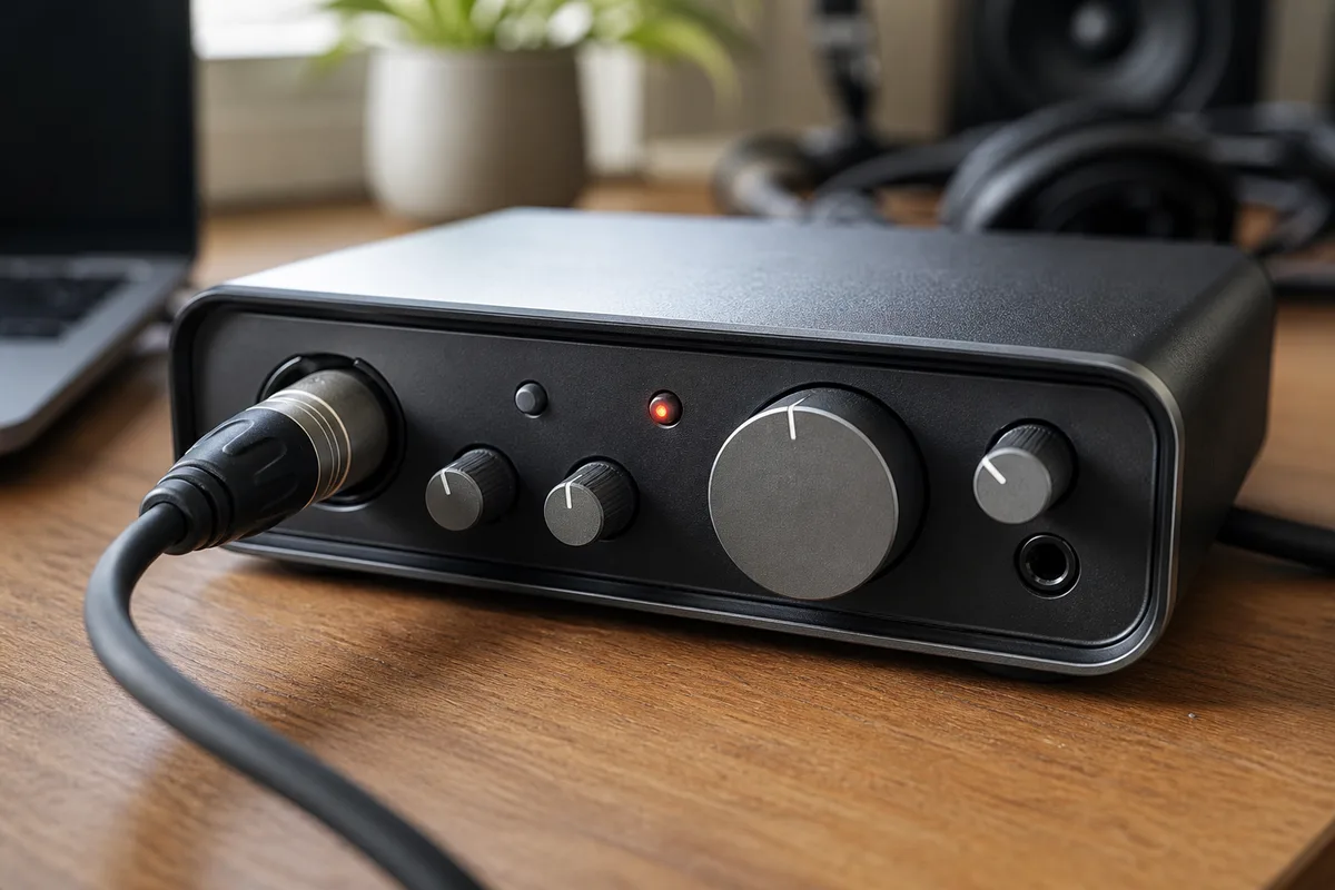 Interface audio USB avec bouton d&rsquo;alimentation fantôme 48 V et câble XLR branché