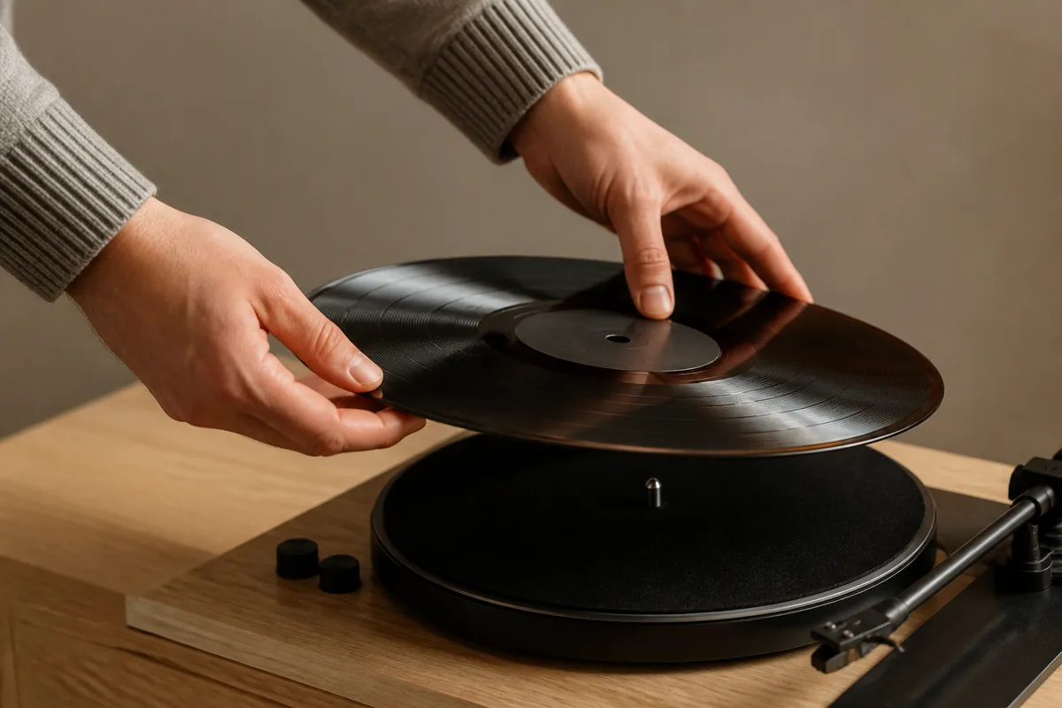 Mains posant délicatement un disque sur le plateau d’une platine en bois clair