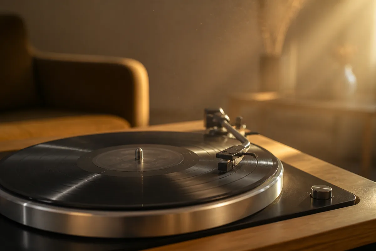 Plateau d’une platine en rotation, léger flou de mouvement, salon feutré en fin de journée