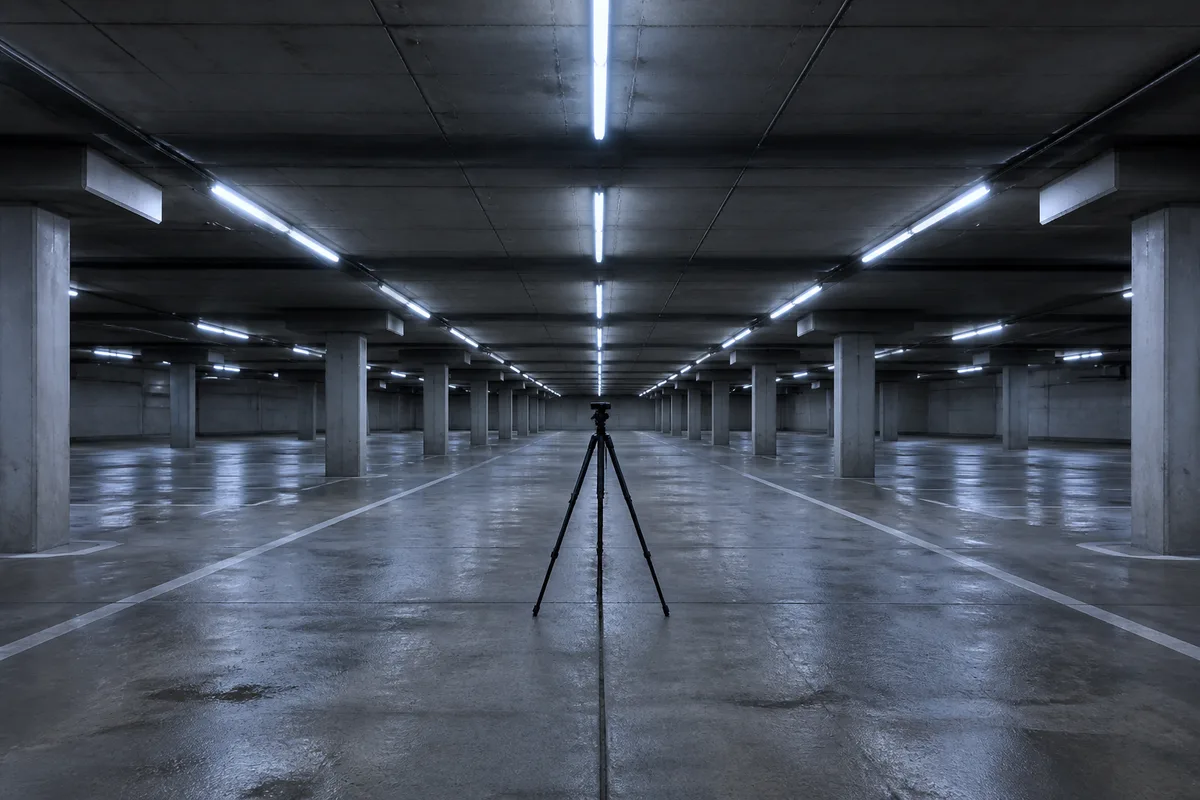 Trépied vidéo installé dans un parking souterrain avec des tubes lumineux créant des lignes de fuite
