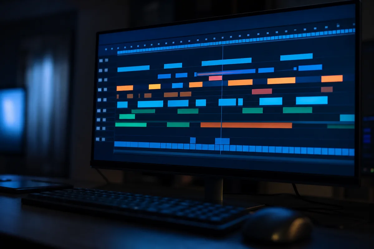 Écran d ordinateur affichant une timeline de montage faite de blocs colorés sans caractères dans une pièce sombre