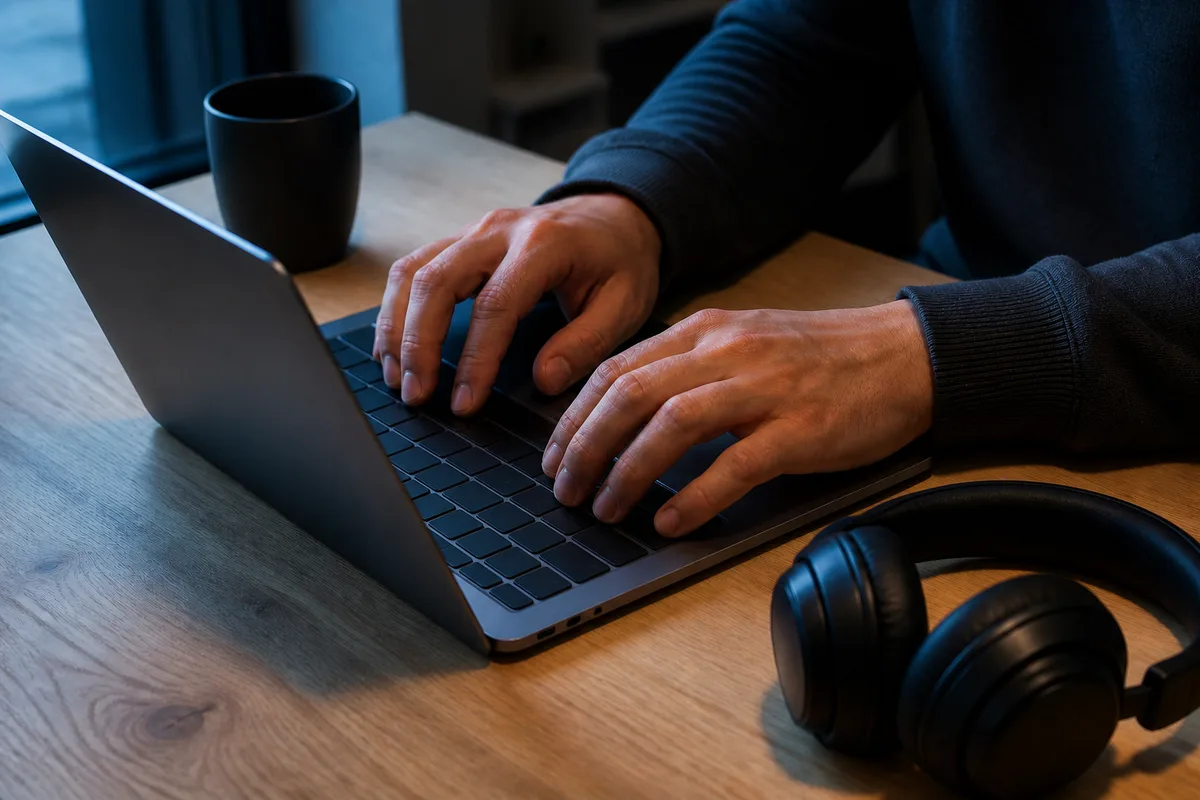 Mains d un musicien posées sur un clavier d ordinateur portable dans un studio faiblement éclairé, casque audio posé à côté