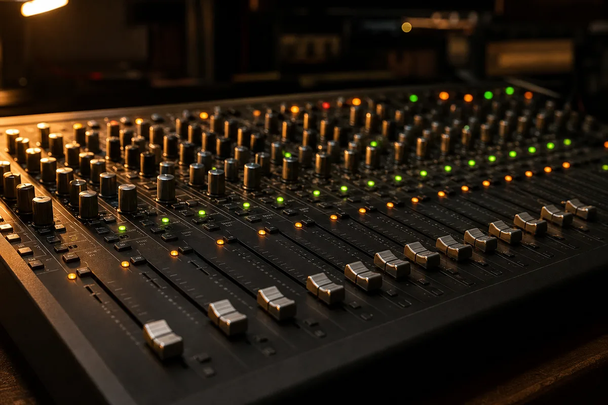 Console de mixage analogique vue de trois quarts, faders alignés et voyants colorés, atelier baigné d une lumière chaude