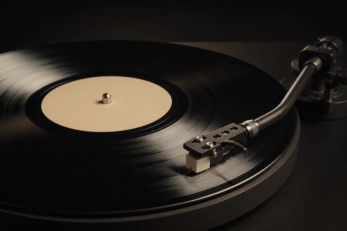 Vinyle noir en rotation sur une platine, bras de lecture posé, arrière-plan sombre et reflets doux