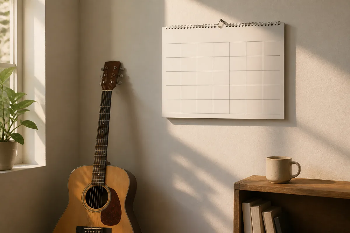 Calendrier mural aux cases vierges posé près d une guitare acoustique et d un mug, lumière naturelle de fin de journée
