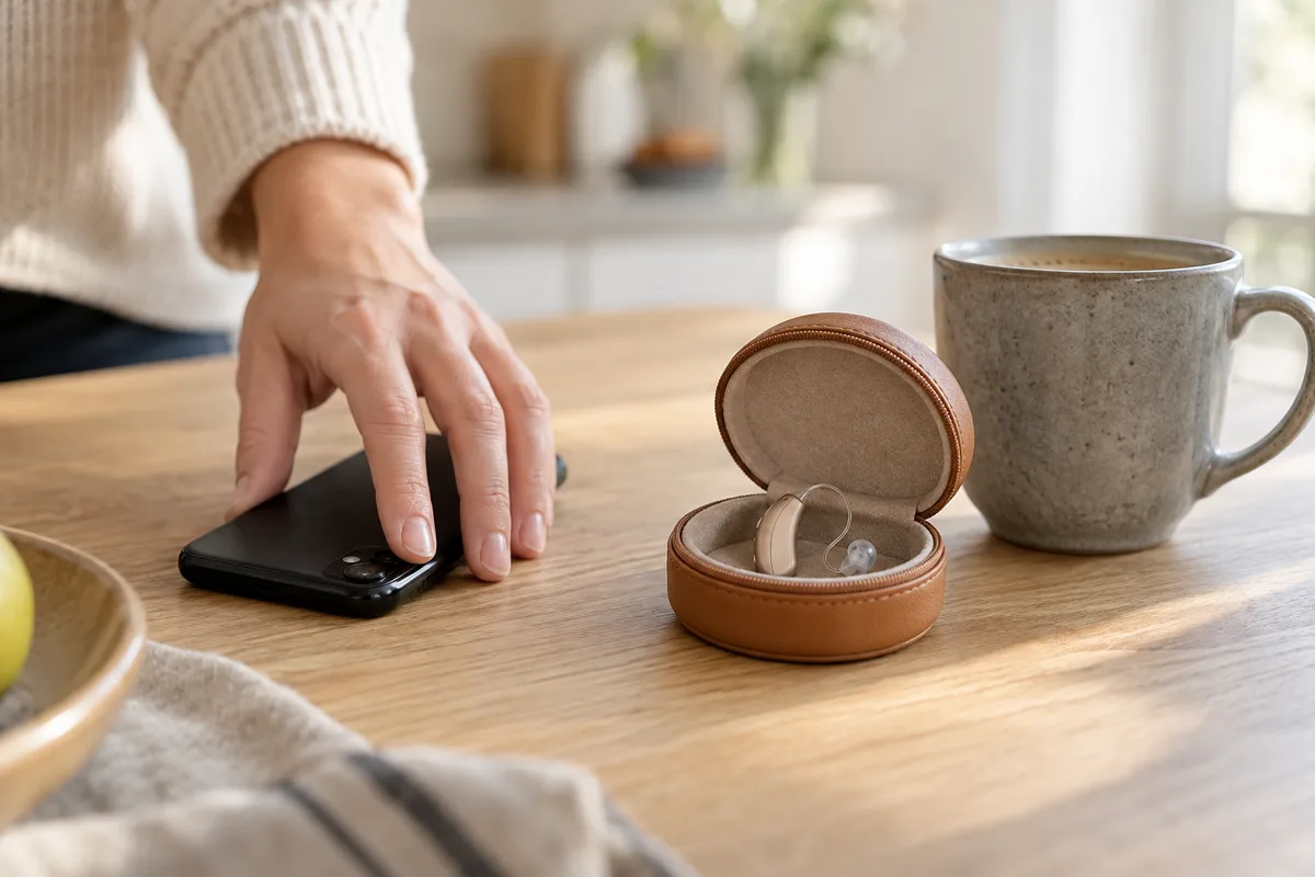 Main posant un téléphone retourné face contre une table en chêne clair, près d’un minuscule appareil auditif beige uni dans un écrin en cuir