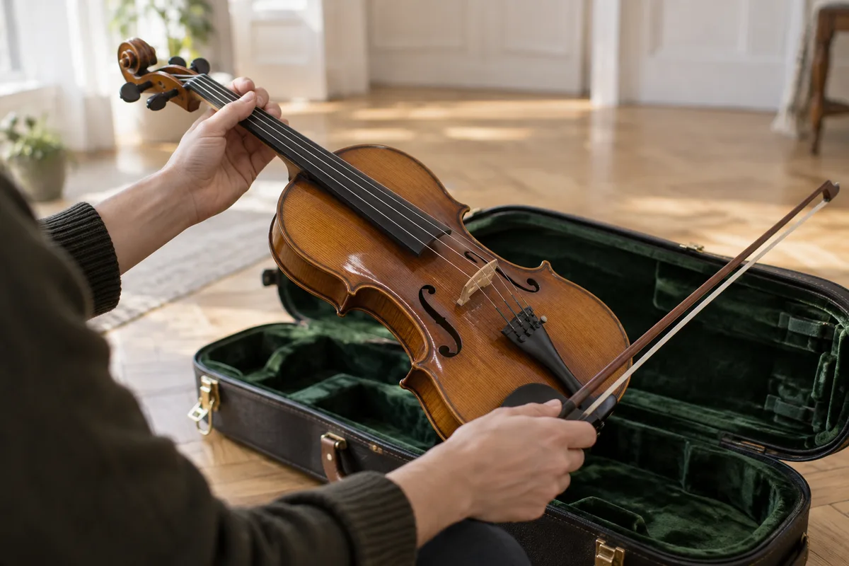 Mains tenant un violon en érable verni et son archet au-dessus d’un étui ouvert doublé de velours vert
