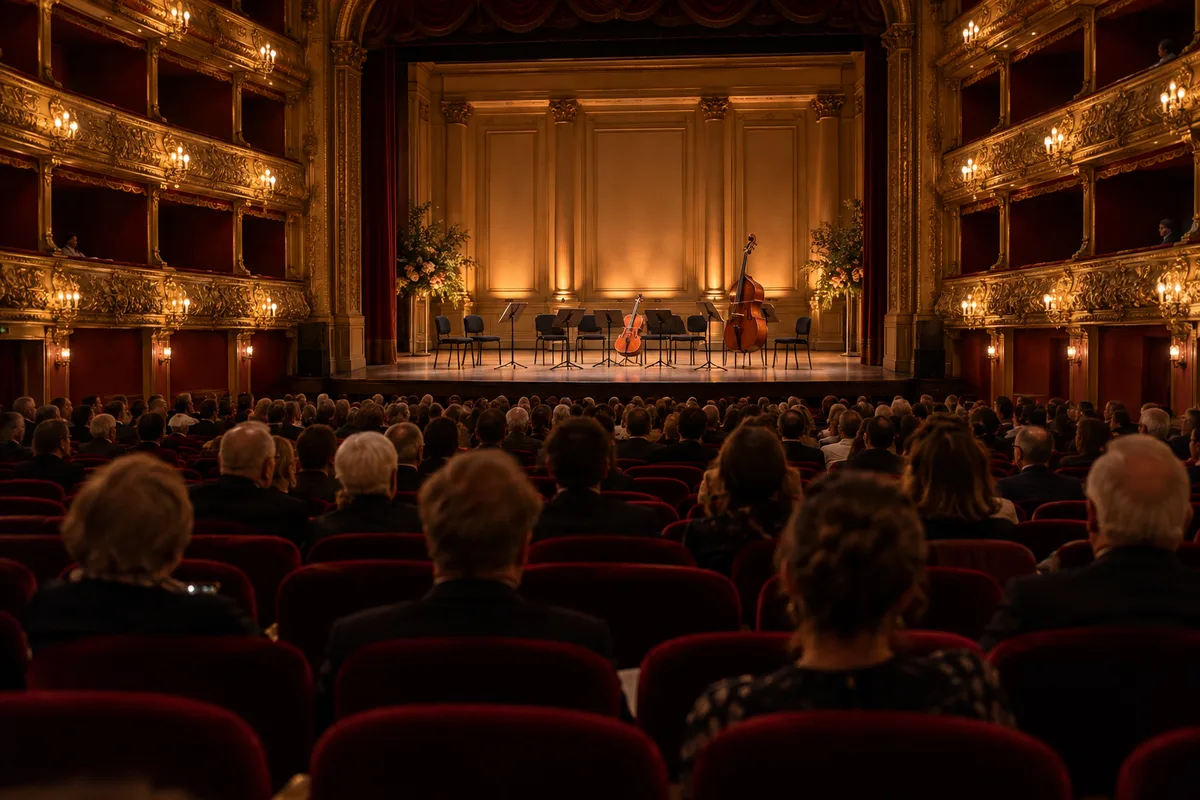 Public vu entièrement de dos dans une salle de concert aux fauteuils de velours rouge, face à une scène baignée de lumière ambrée
