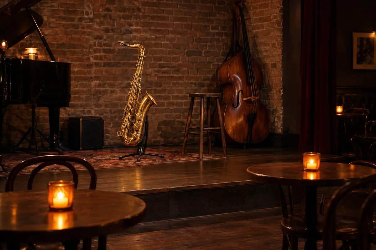 Saxophone ténor posé sur son support près d’une contrebasse dans un club de jazz vide