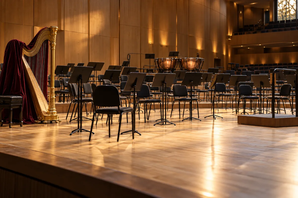 Scène de concert vide avec chaises noires, pupitres et une harpe sous une lumière dorée