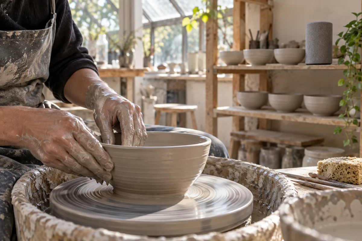 Mains façonnant un bol sur un tour de potier, enceinte connectée sur l’étagère de l’atelier