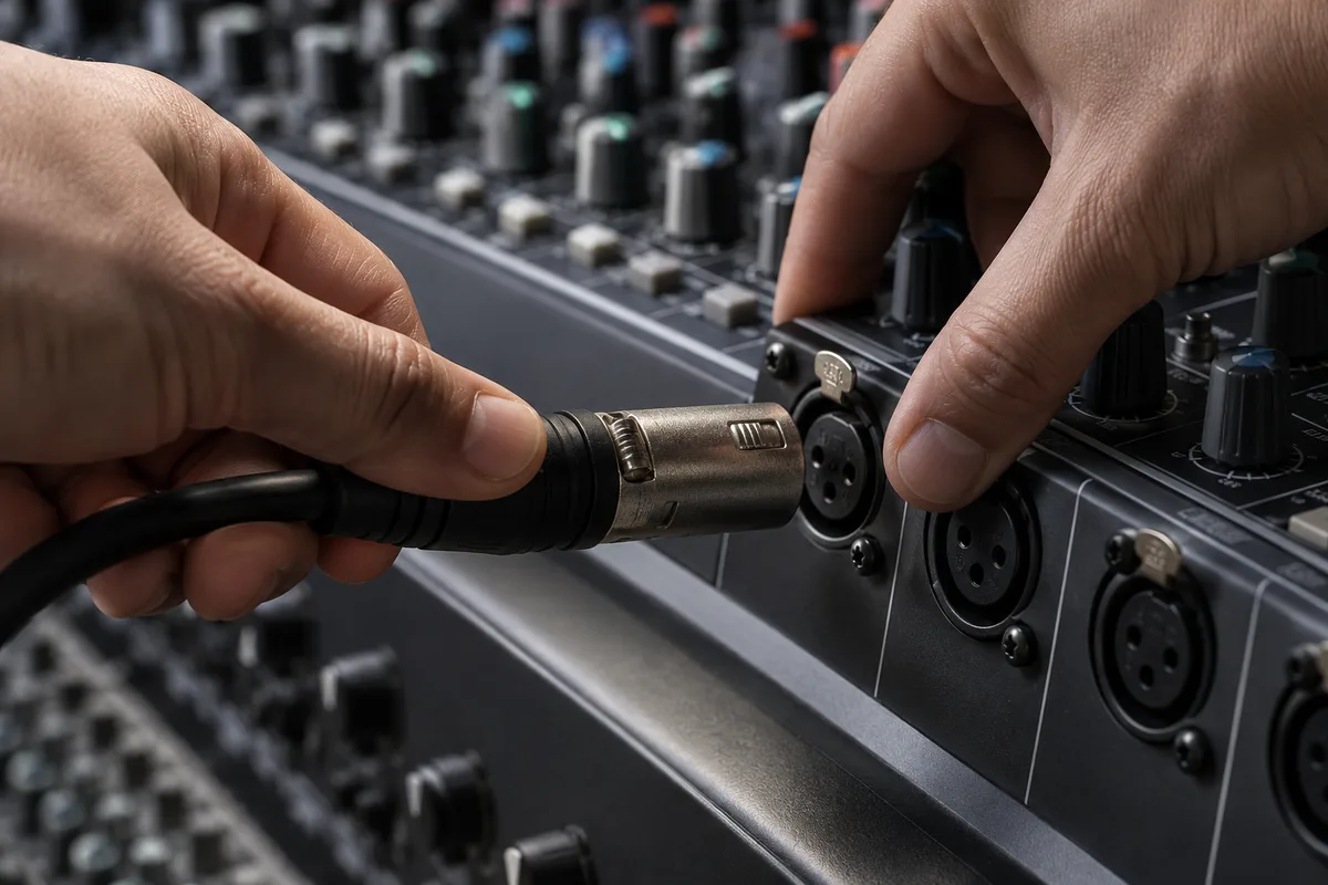 Mains branchant un câble XLR dans la voie d&rsquo;entrée d&rsquo;une table de mixage
