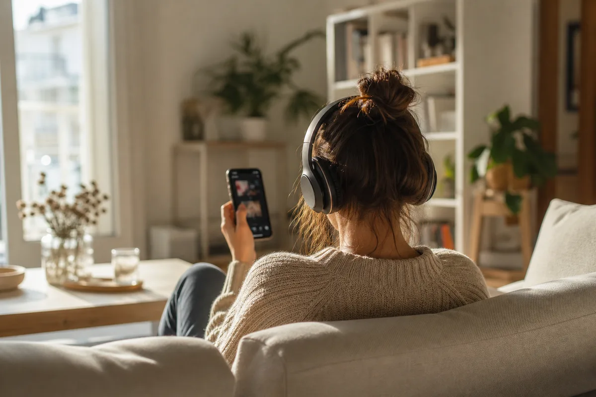 Auditeur écoutant une playlist personnalisée sur smartphone avec un casque sans fil
