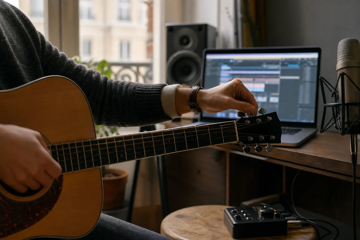 Musicien accordant une guitare dans un home studio près d’un ordinateur portable