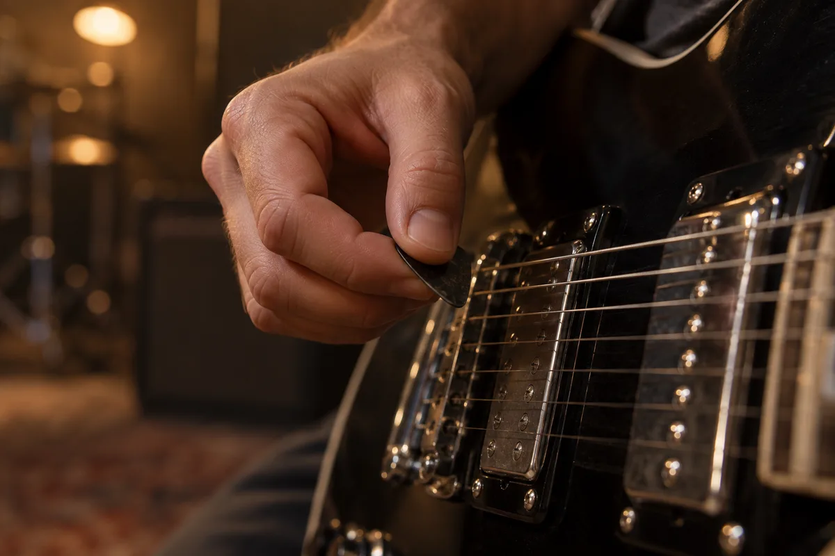 Main droite tenant un médiator au-dessus des cordes d&rsquo;une guitare électrique