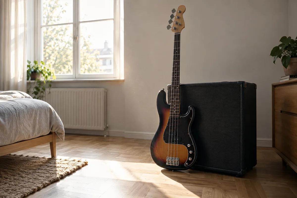 Guitare basse posée debout contre un ampli dans une chambre lumineuse
