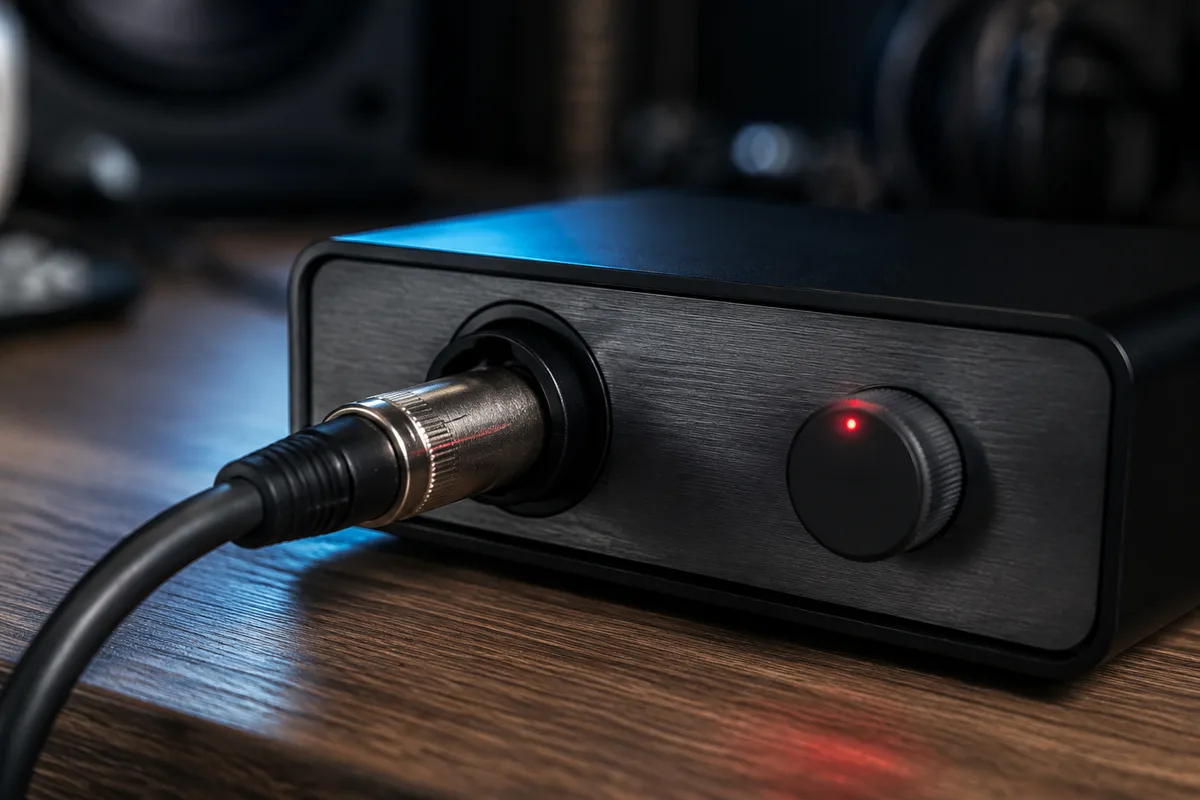 Interface audio de home studio avec bouton d&rsquo;alimentation fantôme 48 V et câble XLR branché