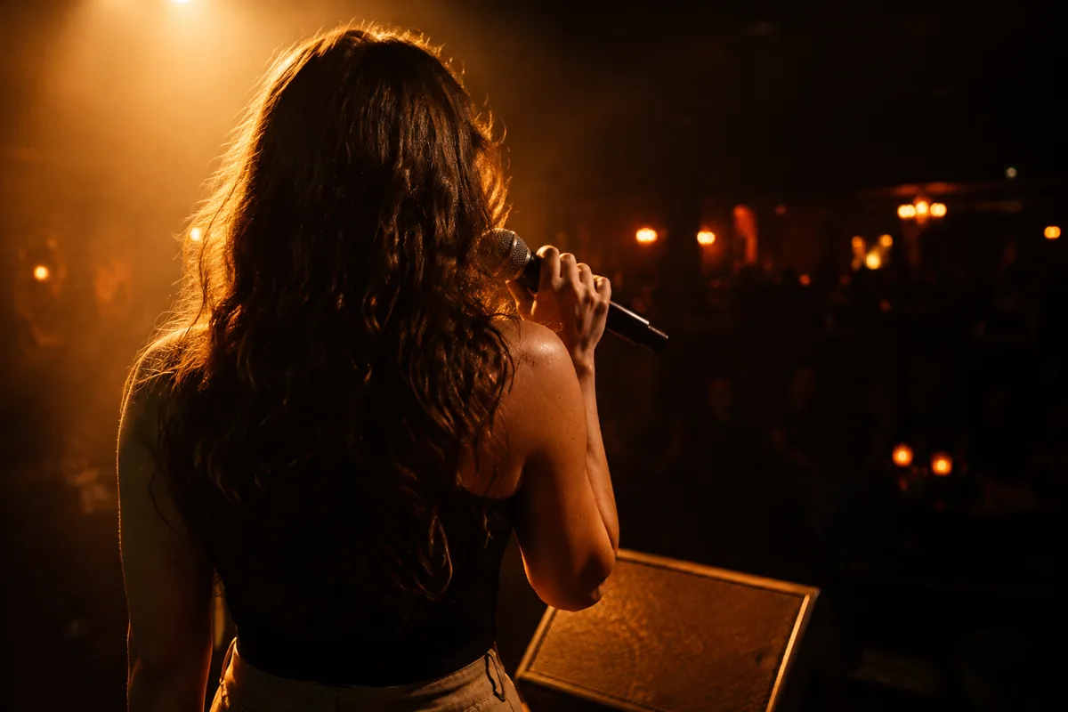Chanteuse de dos tenant un micro dynamique devant un retour de scène sur un plateau de concert