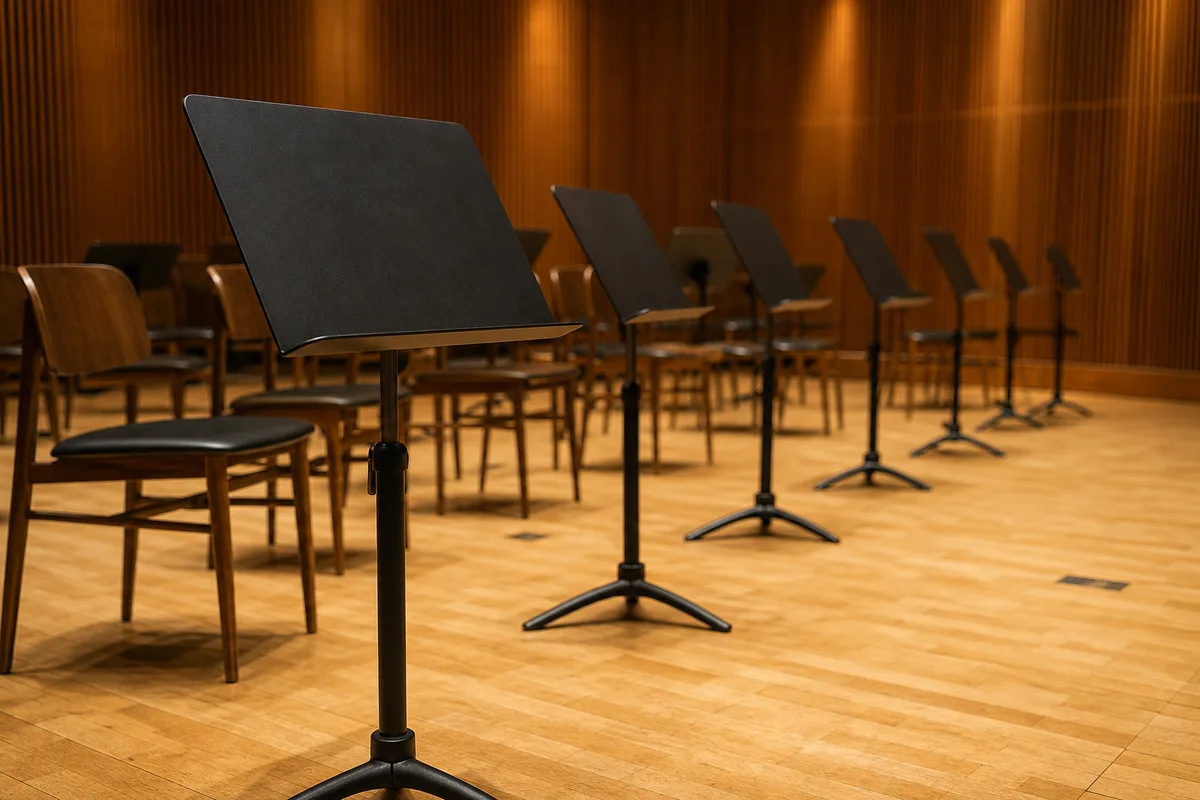 Pupitres d’orchestre vides alignés sur une scène en bois clair