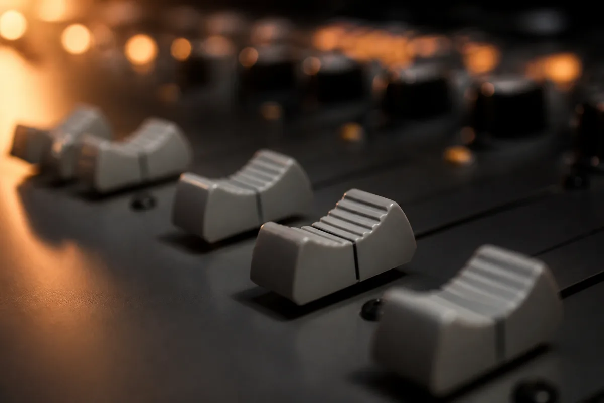 Faders d’une console de mixage en gros plan, surfaces sombres et lisses