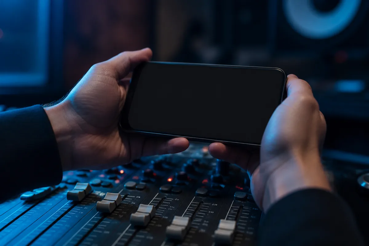Mains d un musicien tenant un téléphone à écran sombre au-dessus d une petite table de mixage