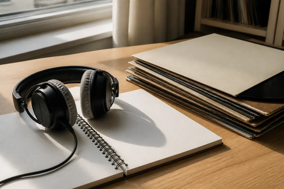 Casque audio posé sur un cahier à spirale ouvert et une pile de disques vinyles, lumière naturelle latérale
