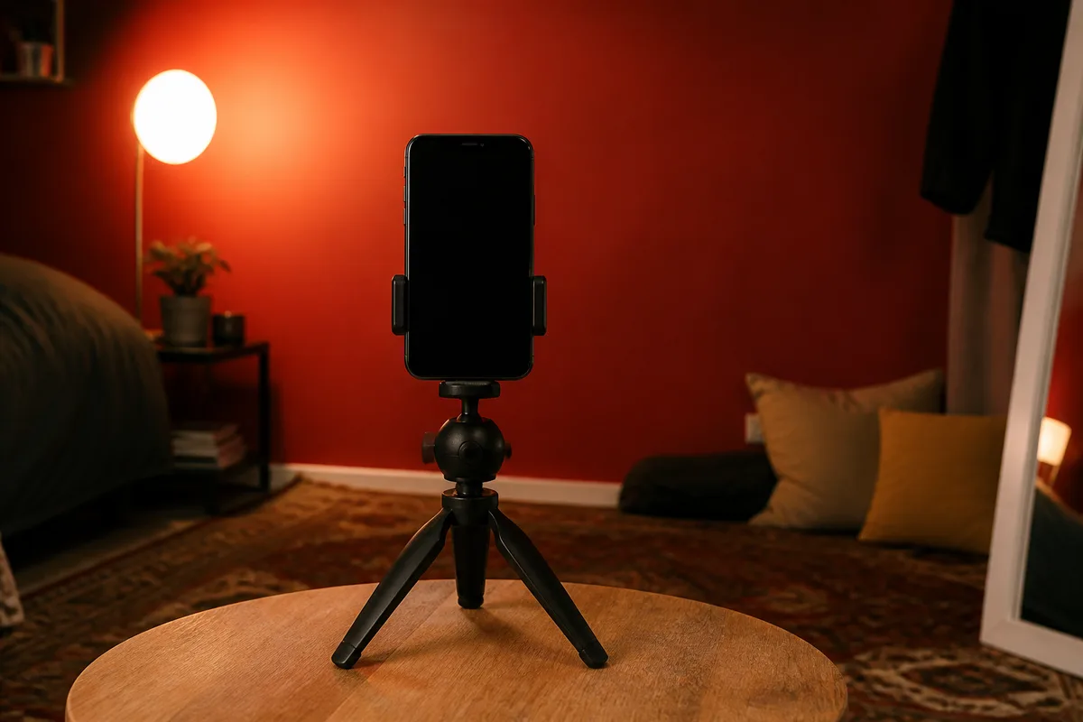 Trépied de téléphone dressé devant un mur coloré dans une chambre, petite lampe d appoint diffusant une lumière douce