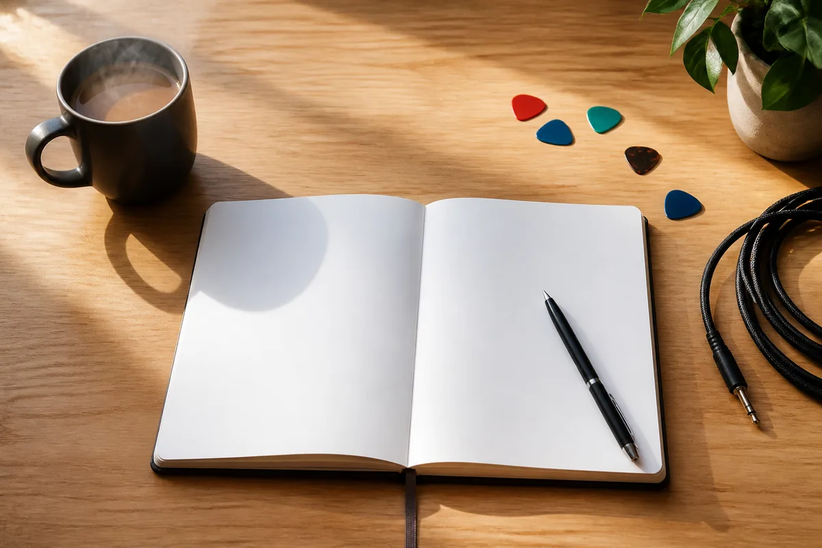 Carnet ouvert aux pages vierges, stylo, tasse de café et jeu de médiators sur un bureau clair baigné de lumière du matin