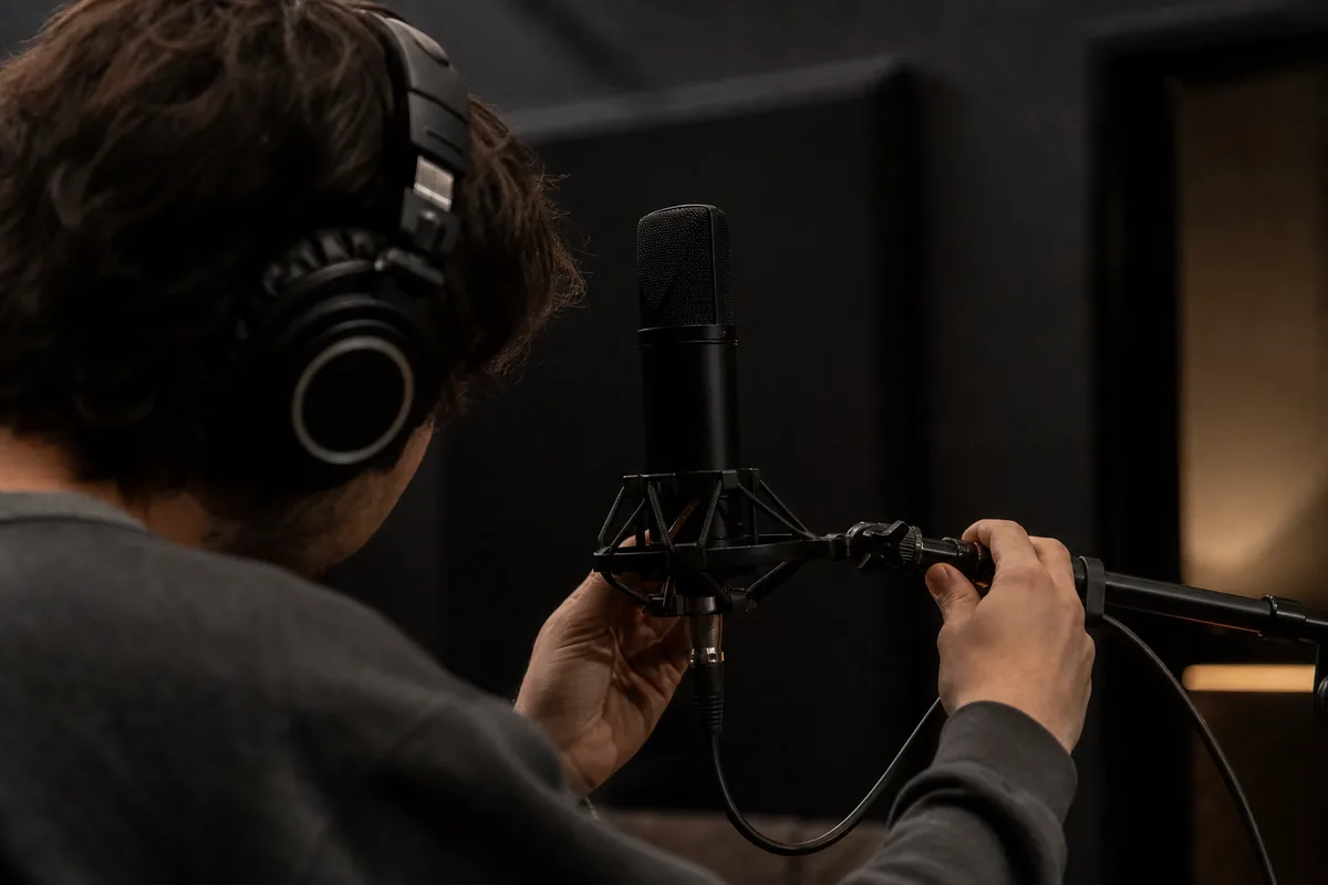 Chanteuse s&rsquo;enregistrant au micro de studio avec un casque audio fermé